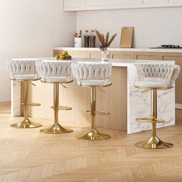 Artiss Velvet Bar Stools Gas Lift Hand-Woven Backrest Gold Base Ivory