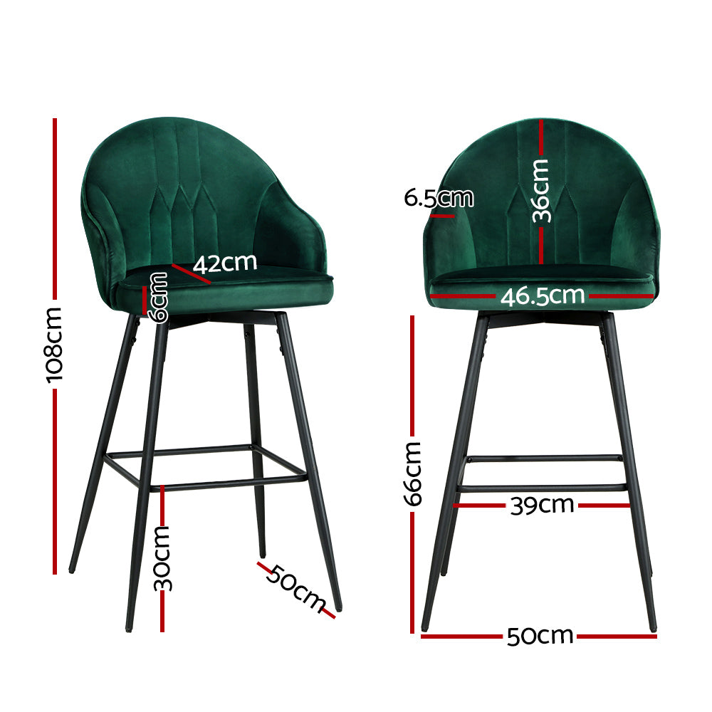 Artiss Mesial Velvet Bar Stools Swivel Metal Legs Green Set of 2