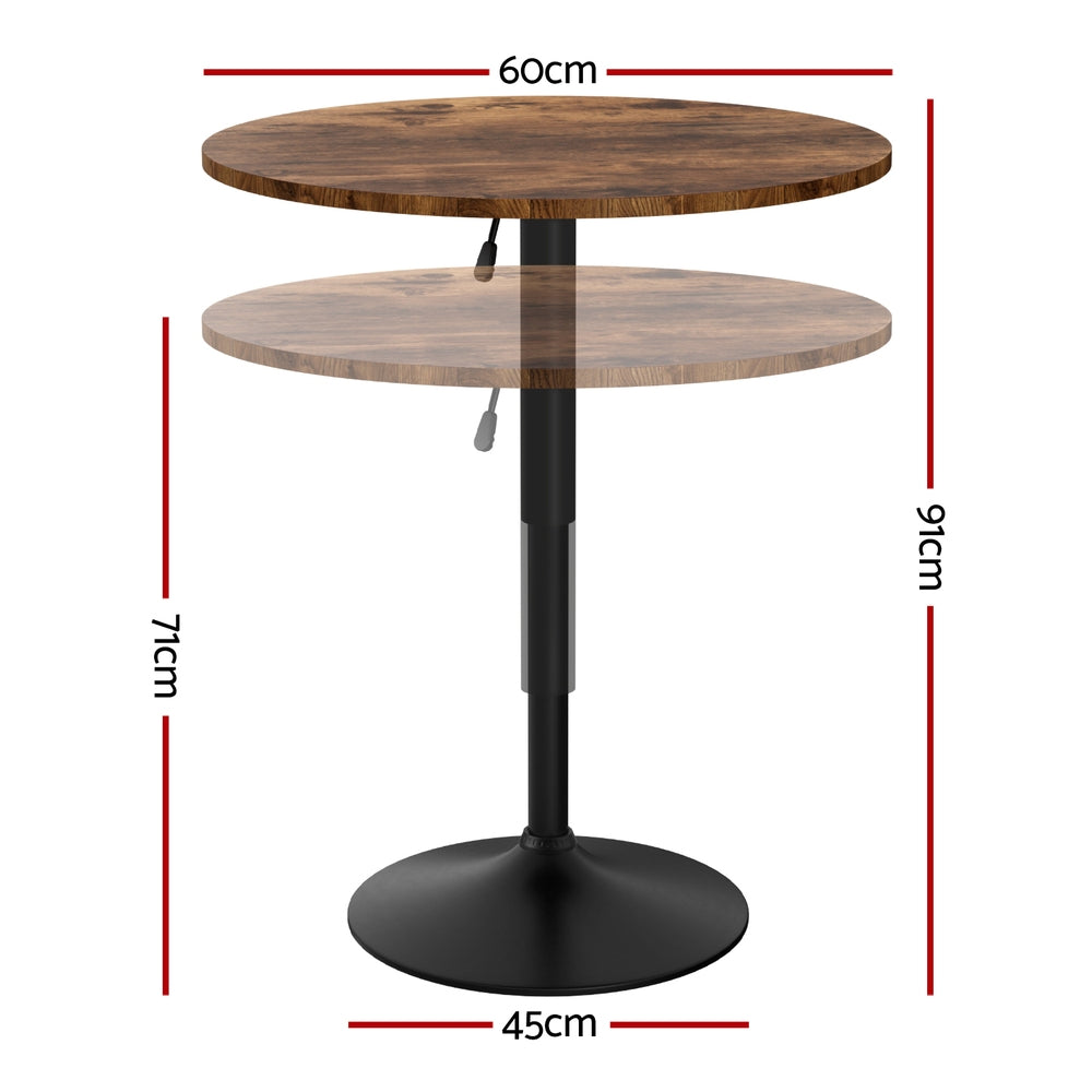 Artiss Adjustable Bar Table Swivel Gaslift 60cm Rustic Brown