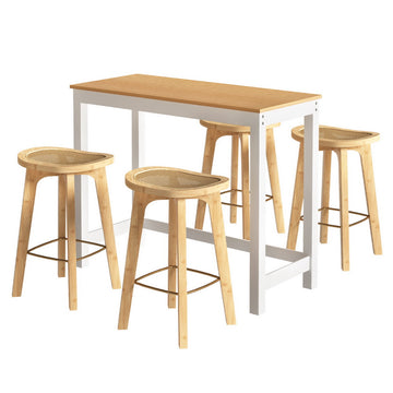 Artiss Bar Table Set with 4 Rattan Stools Pinewood