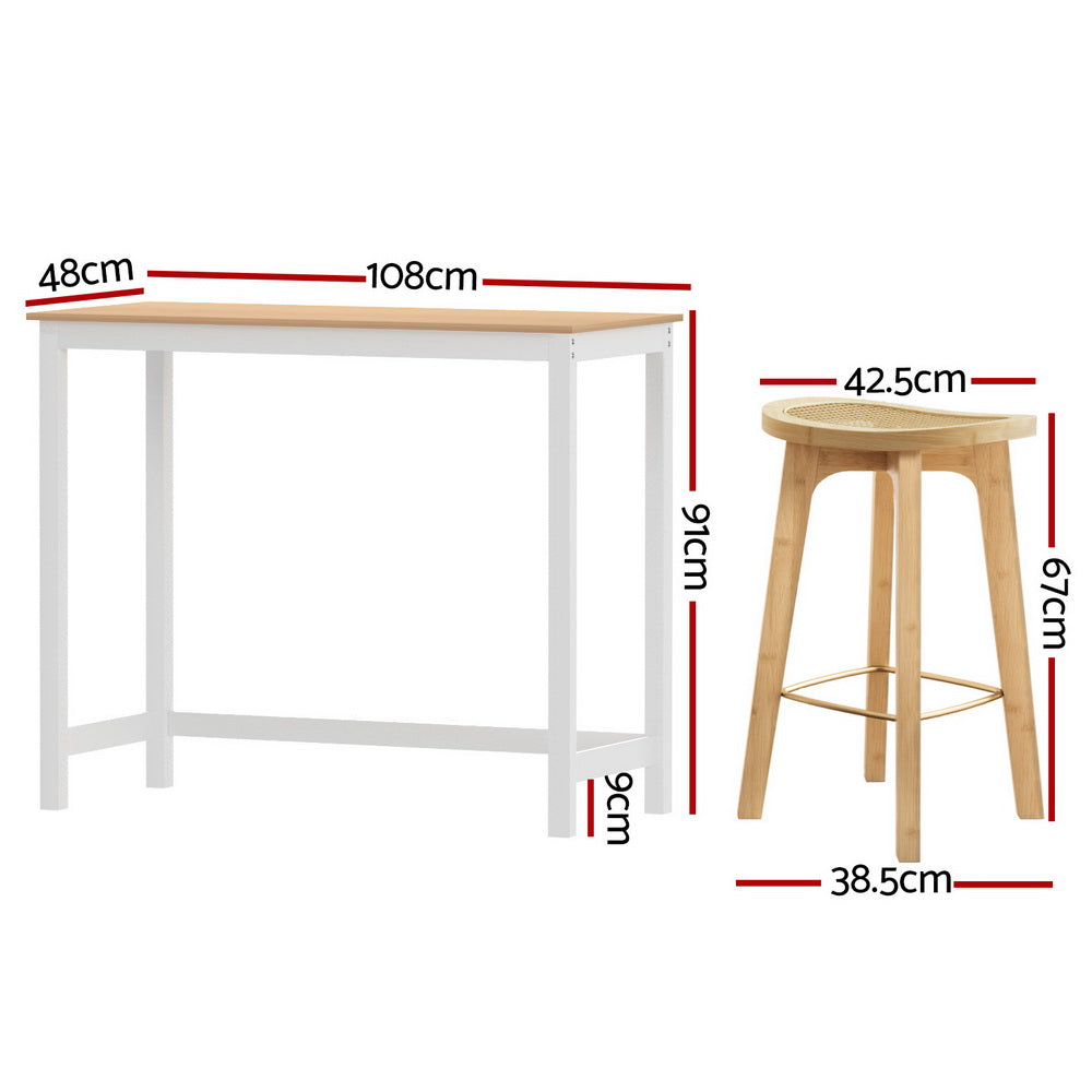 Artiss Bar Table Set with 4 Rattan Stools Pinewood