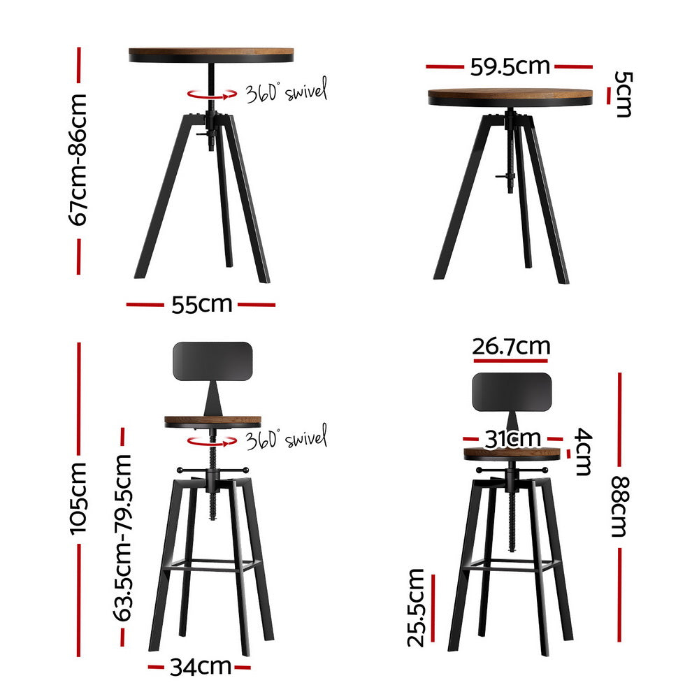 Artiss Industrial Bar Table Stools Set Elm Wood Steel Frame Swivel