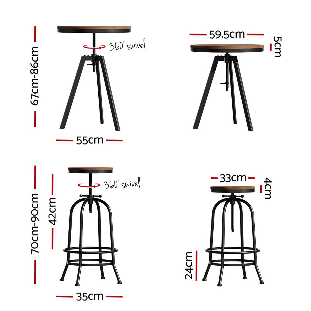 Artiss Industrial Bar Table Stools Set Elm Wood Swivel