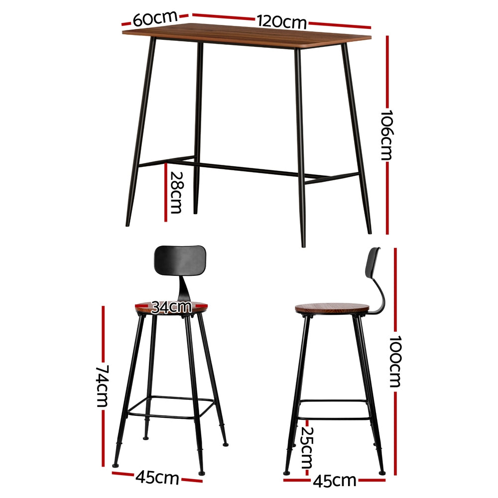 Artiss Industrial Bar Table Stools Set Oak Black 120cm