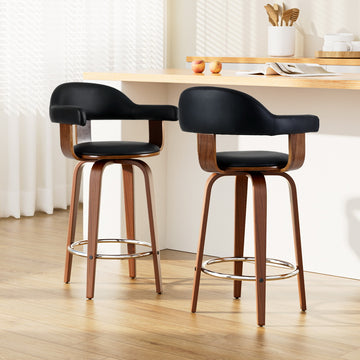 Artiss Swivel Bar Stool PU Leather Seat Walnut Wooden Legs Black