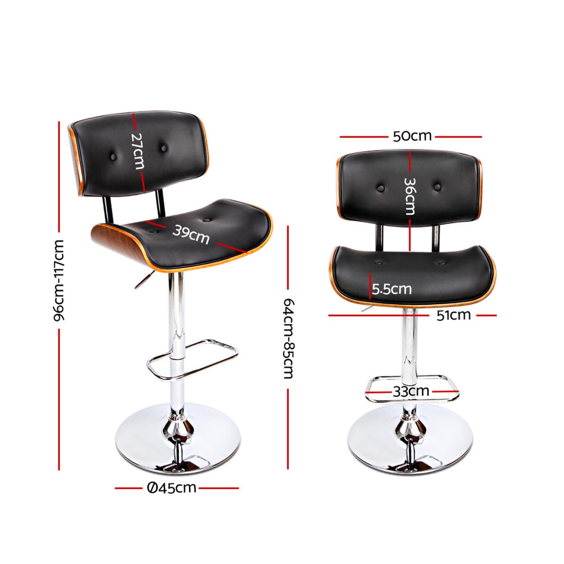Artiss Bentwood Bar Stools Gas Lift PU Leather Seat Walnut