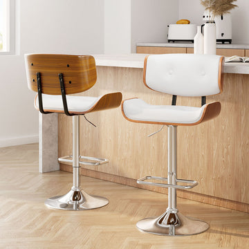 Artiss Gas Lift Bar Stool Wooden Bentwood Back PU Leather White