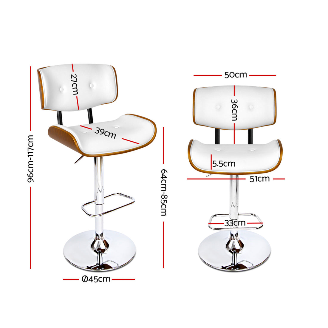Artiss Gas Lift Bar Stool Wooden Bentwood Back PU Leather White