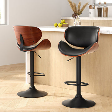 Artiss PU Leather Bar Stools Swivel Gas Lift Bent Wood Back Black