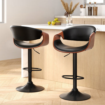 Artiss Gas Lift Bar Stool with Armrests Bentwood PU Leather Black