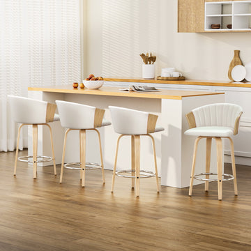 Artiss Bentwood Swivel Bar Stools PU Leather Contoured Backrest White
