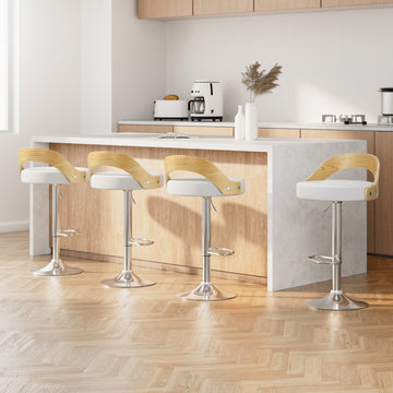 Artiss Bentwood Bar Stool Gas Lift Padded PU Leather White