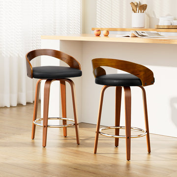 Artiss Swivel Bar Stools Open Curve Back PU Leather Walnut