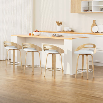 Artiss Swivel Counter Stool Low Back Contoured PU Seat Natural Wood