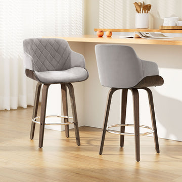 Artiss Velvet Bar Stool Swivel Diamond Quilted Wooden Legs Grey
