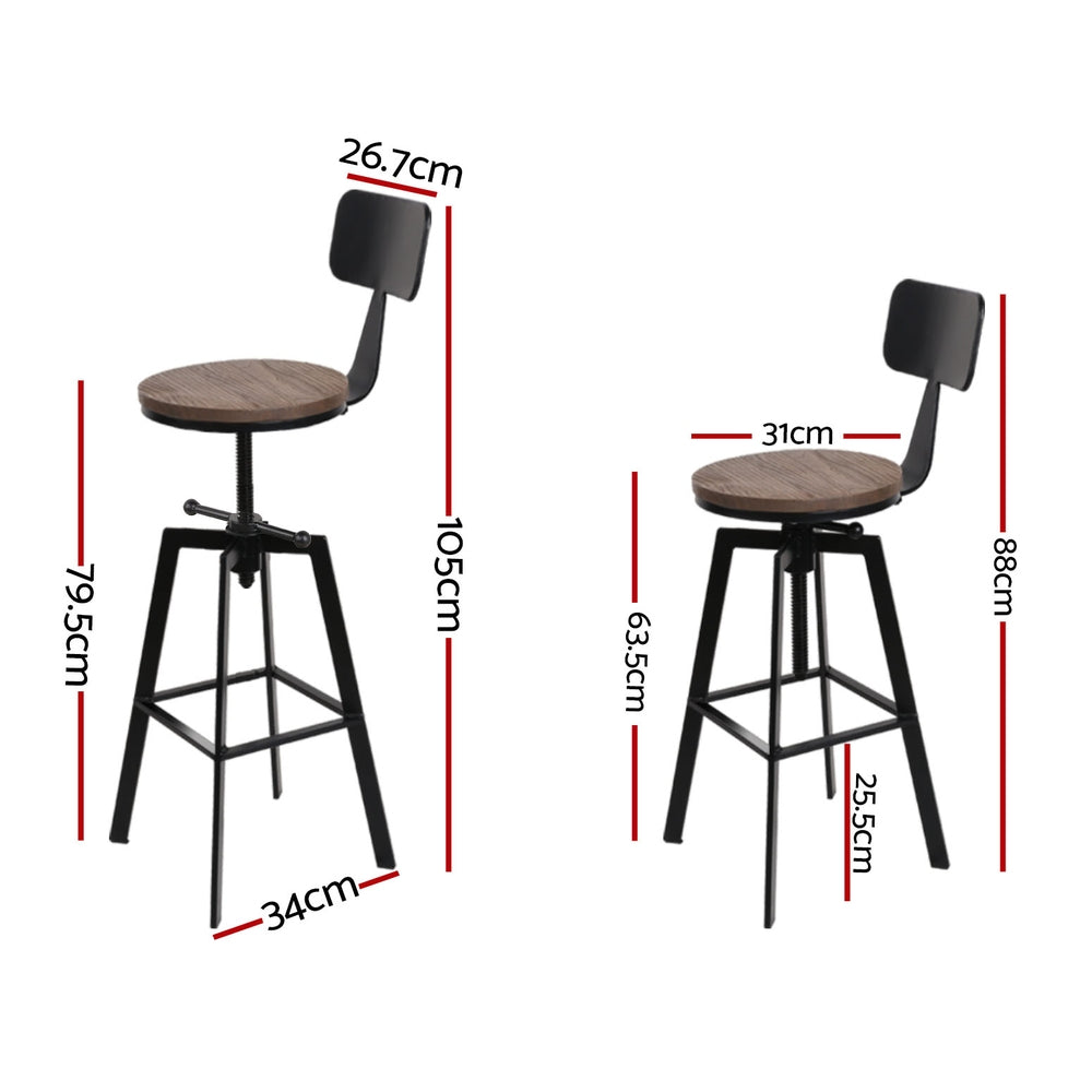 Artiss Industrial Bar Stool Elm Wood Backrest Adjustable Height Black Set of 4