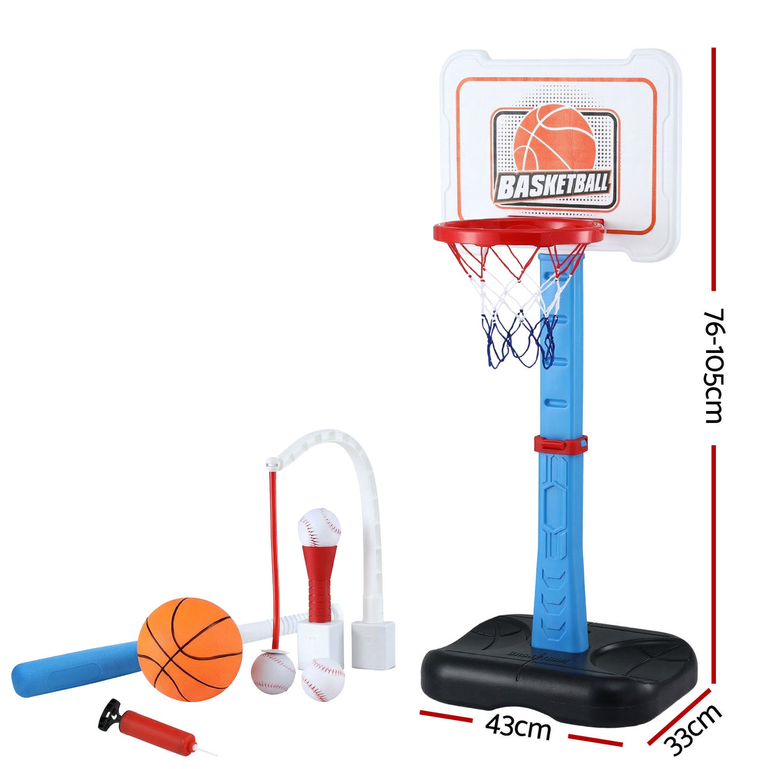 Keezi Kids Basketball Hoop Stand T-Ball Set Adjustable Height 3-7 Years Blue