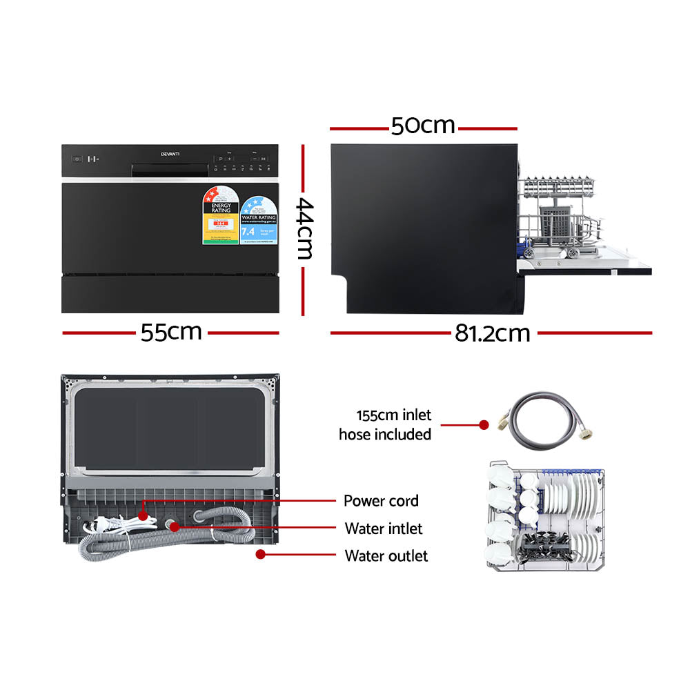 Devanti Benchtop Dishwasher 6 Place Settings Black