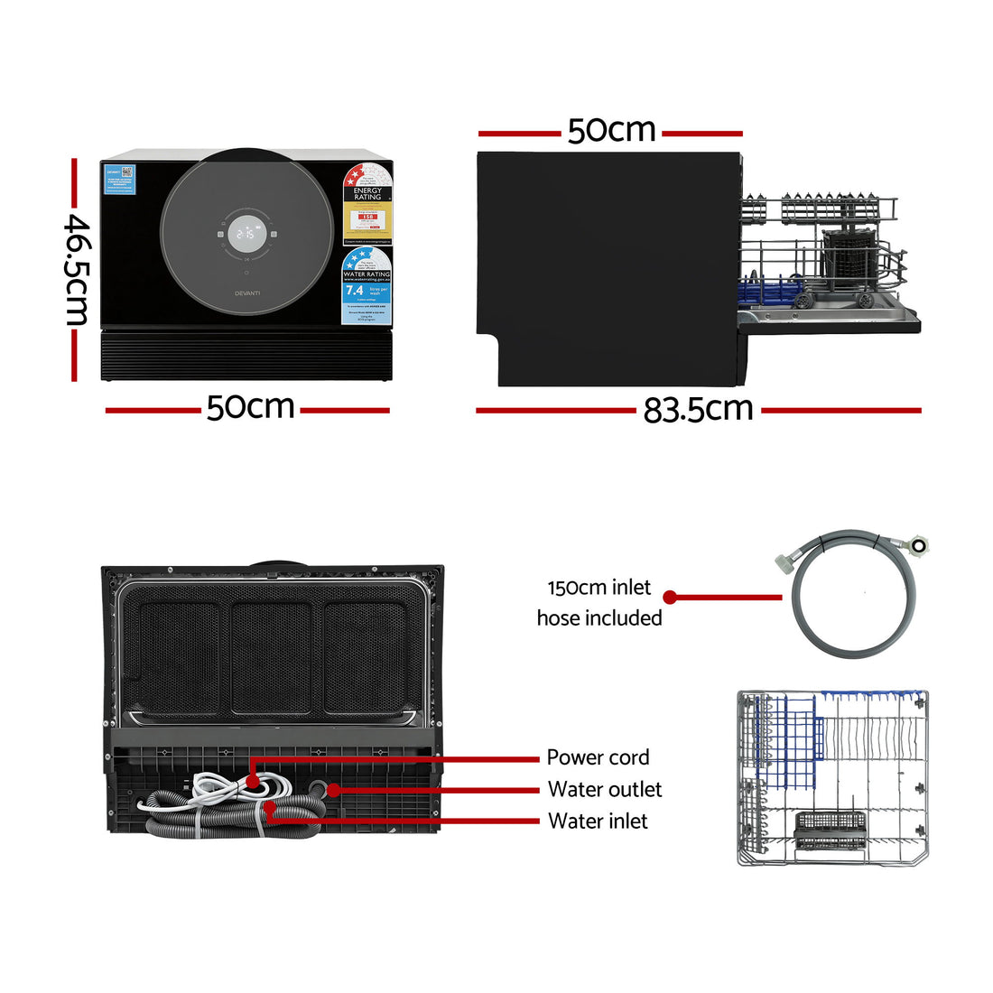 Devanti Benchtop Dishwasher 6 Place 7 Program LED Black