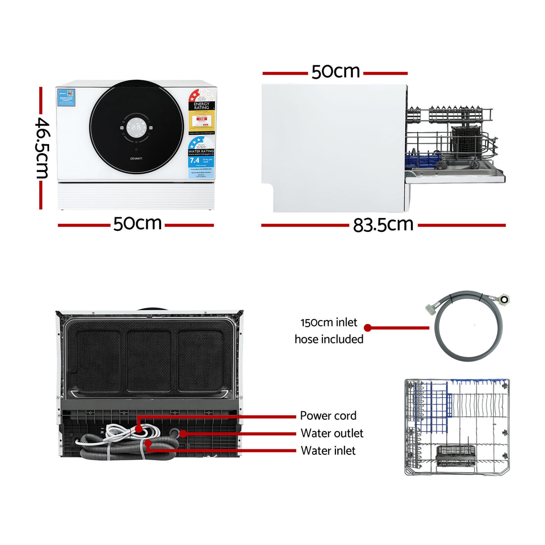 Devanti Benchtop Dishwasher 6 Place 7 Program LED White