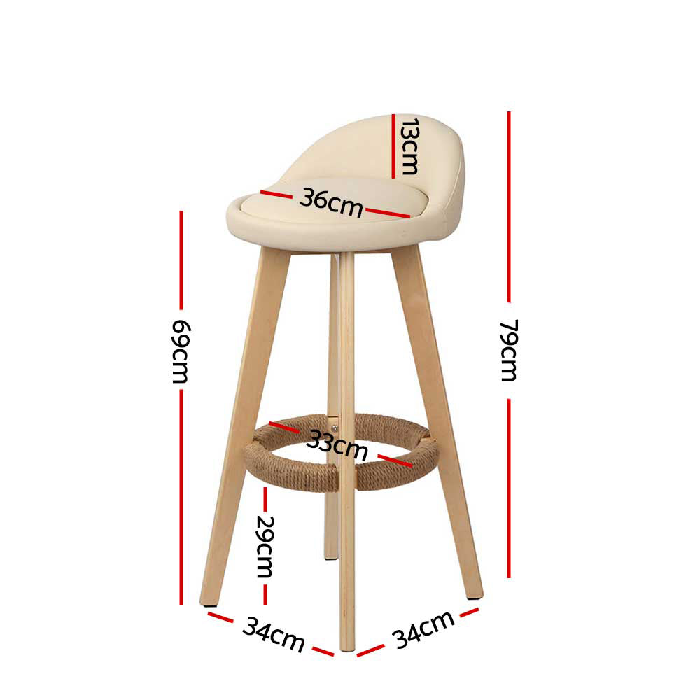 Artiss Swivel Bar Stools PU Leather Padded Hemp Rope Footrest Beige