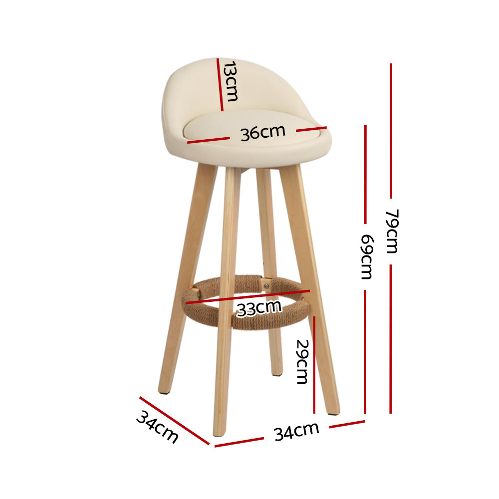 Artiss Bentwood Bar Stools Swivel PU Leather Hemp Rope Footrest Beige