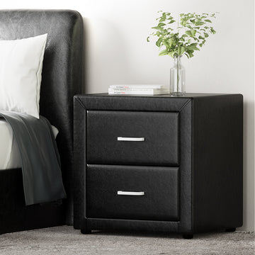 Artiss Leather Bedside Table 2 Drawers CADEN Black