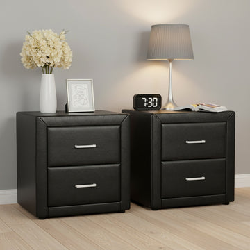 Artiss Leather Bedside Table 2 Drawer Black 2 Pack
