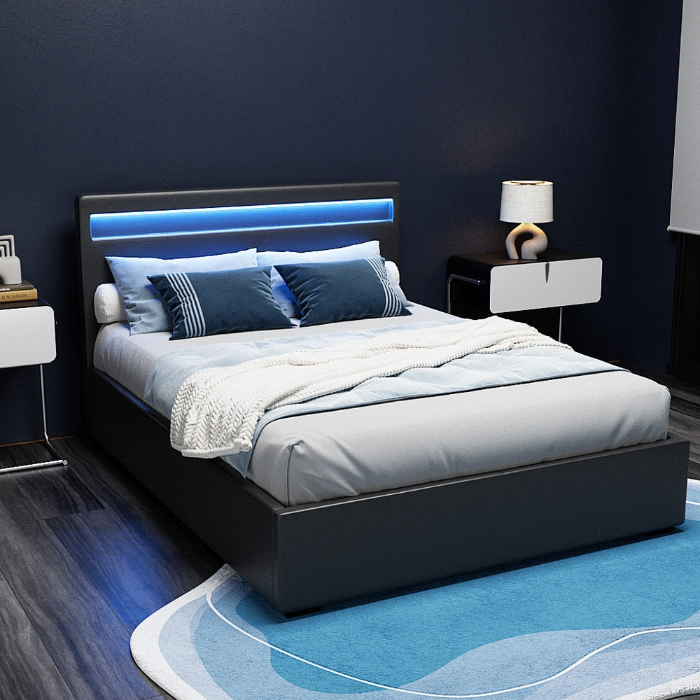 Artiss Cole LED Gas Lift Double Bed Frame Black PVC Leather