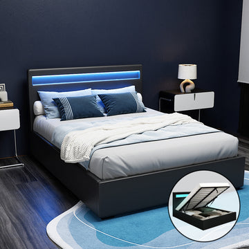 Artiss Cole LED Gas Lift Double Bed Frame Black PVC Leather