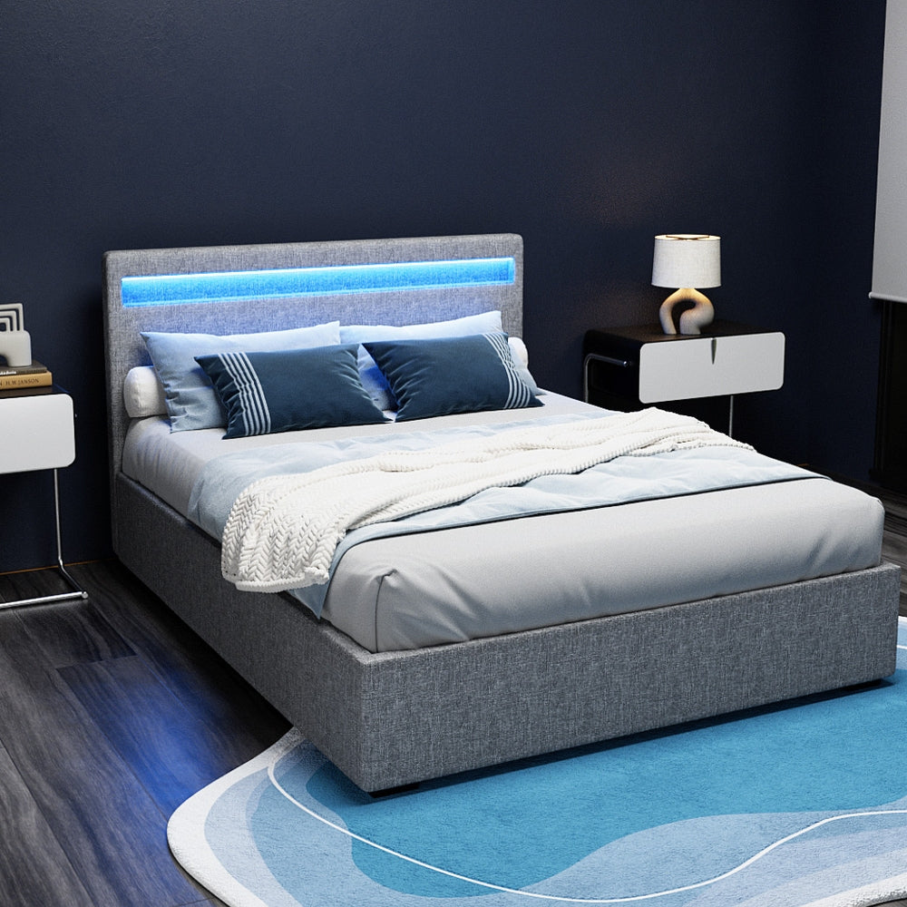 Artiss Cole Gas Lift LED Double Bed Frame Grey Faux Linen