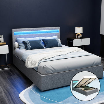 Artiss Cole Gas Lift LED Double Bed Frame Grey Faux Linen