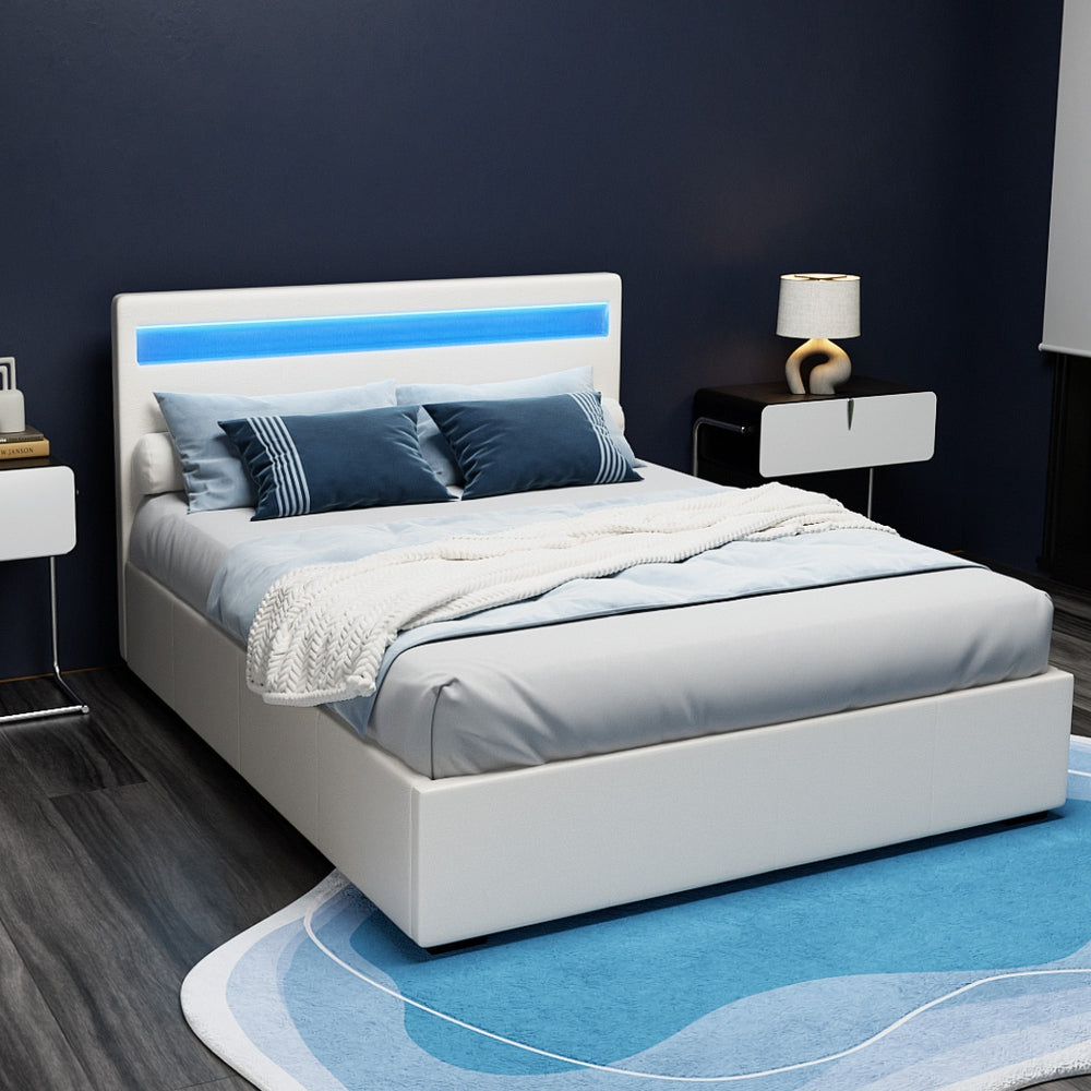 Artiss Cole LED Gas Lift Bed Frame Double White