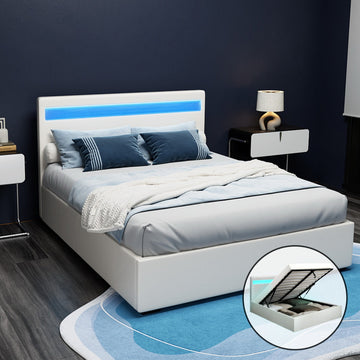 Artiss Cole LED Gas Lift Bed Frame Double White