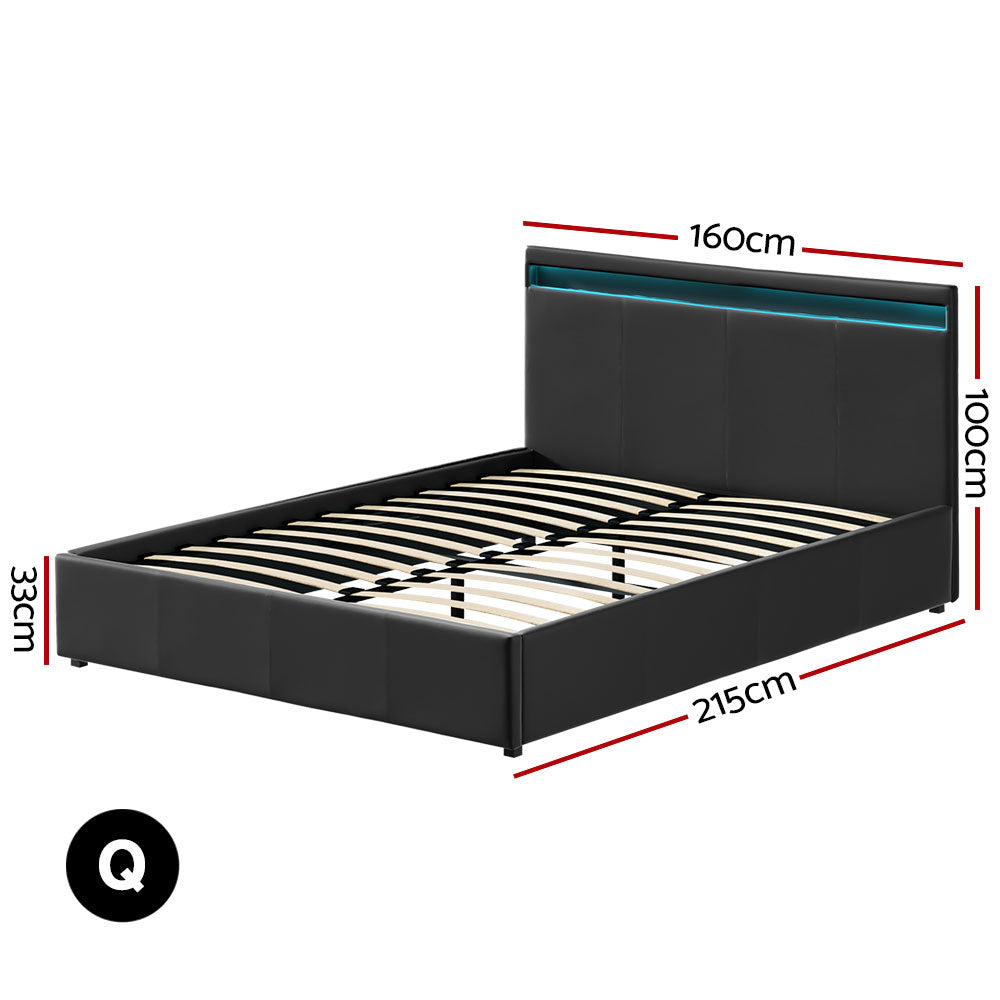 Artiss Cole LED Gas Lift Bed Frame Queen Black