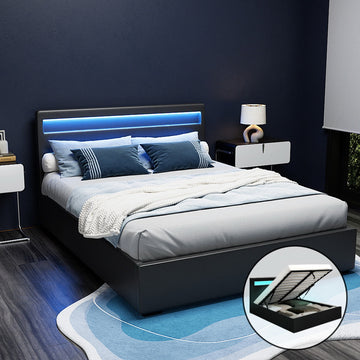 Artiss Cole LED Gas Lift Bed Frame Queen Black