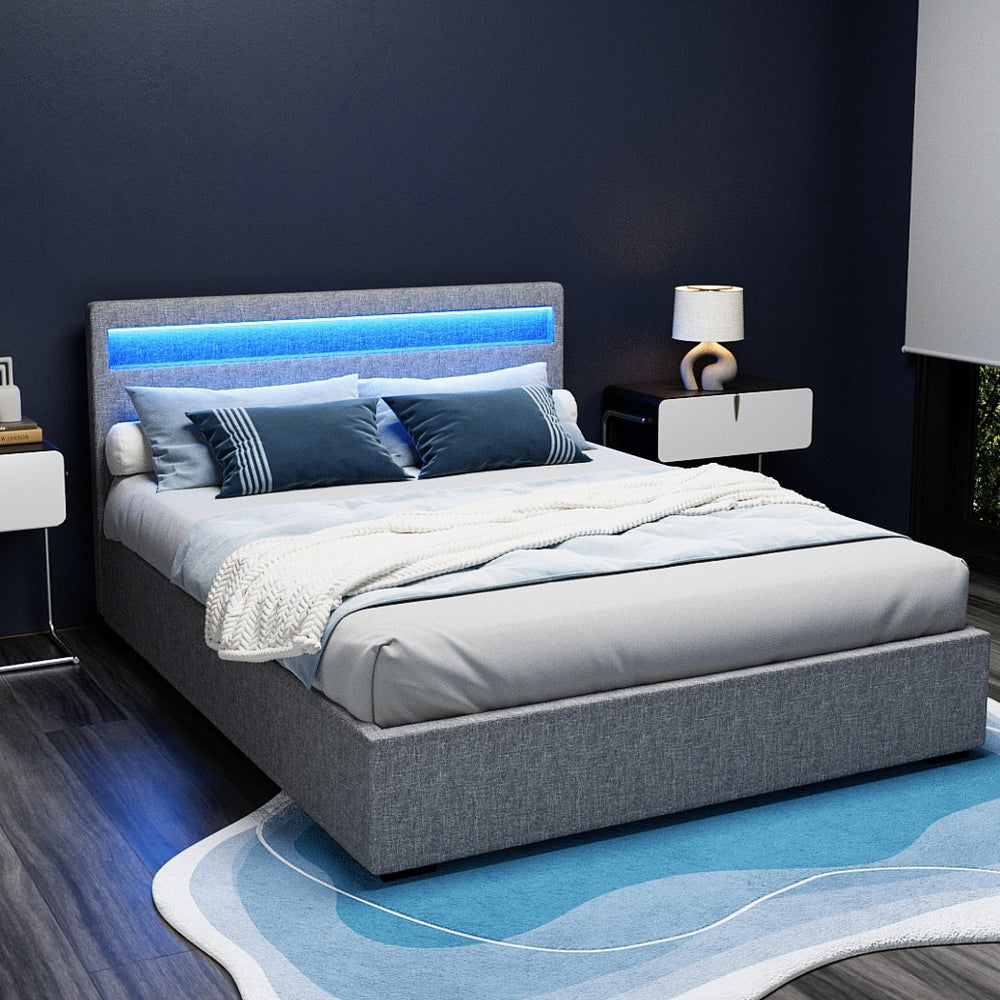 Artiss Cole LED Gas Lift Queen Bed Frame Grey Faux Linen
