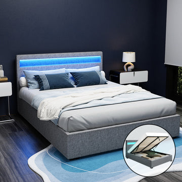 Artiss Cole LED Gas Lift Queen Bed Frame Grey Faux Linen