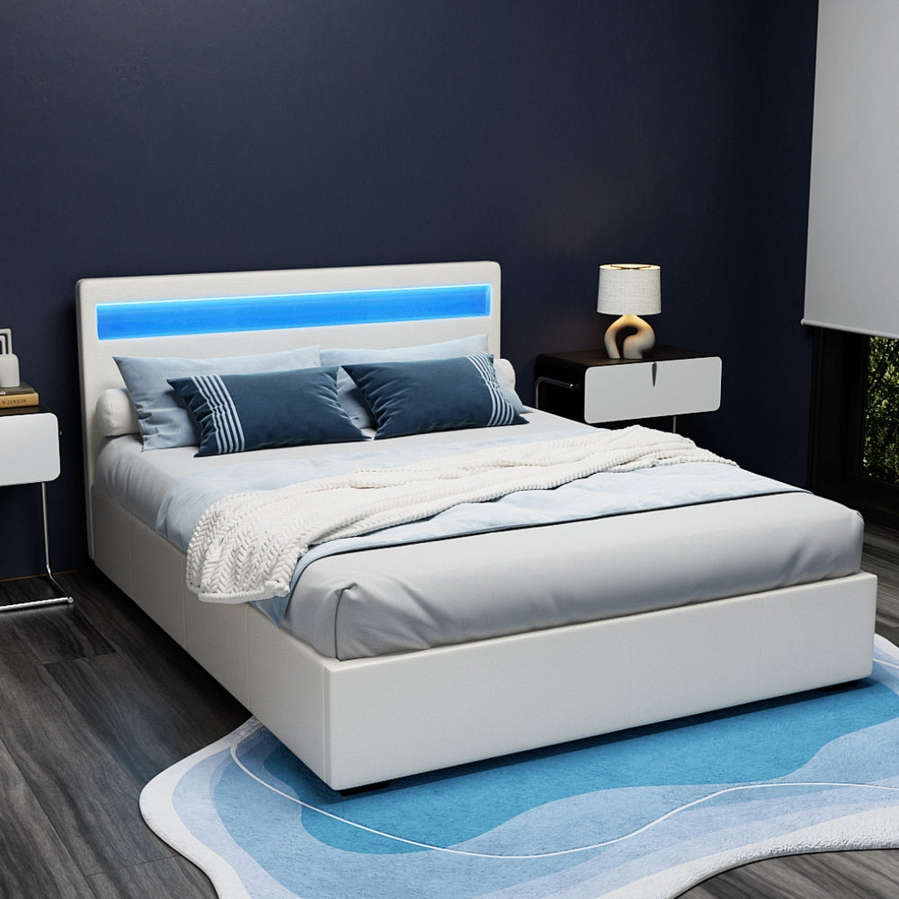 Artiss Cole LED Gas Lift Queen Bed Frame White PVC Leather