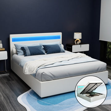 Artiss Cole LED Gas Lift Queen Bed Frame White PVC Leather