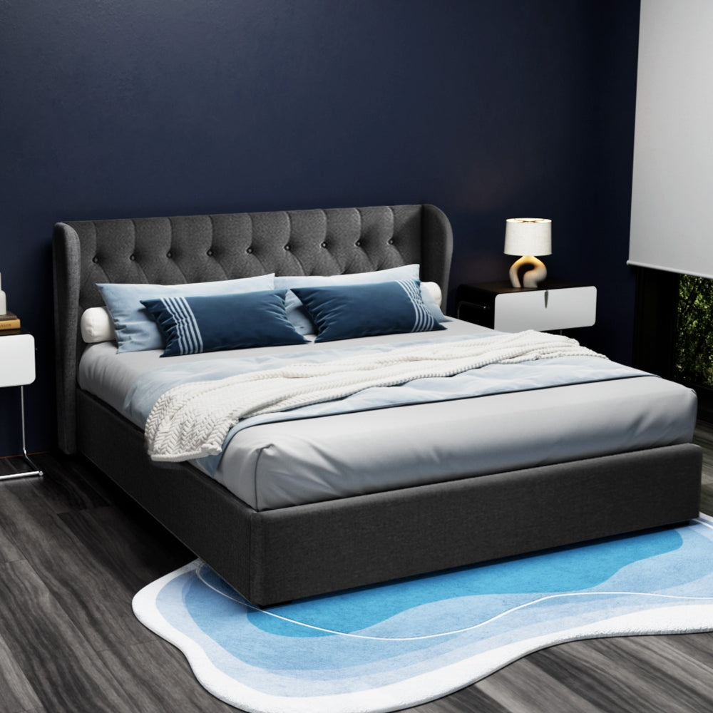 Artiss Issa Gas Lift King Bed Frame Charcoal Tufted Headboard