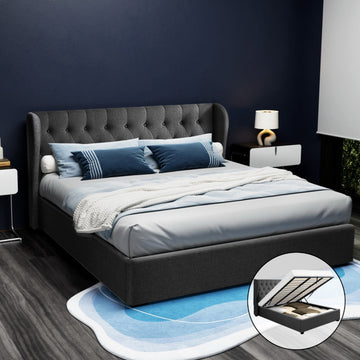 Artiss Issa Gas Lift King Bed Frame Charcoal Tufted Headboard