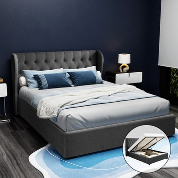 Artiss Gas Lift Queen Bed Frame Charcoal Faux Linen