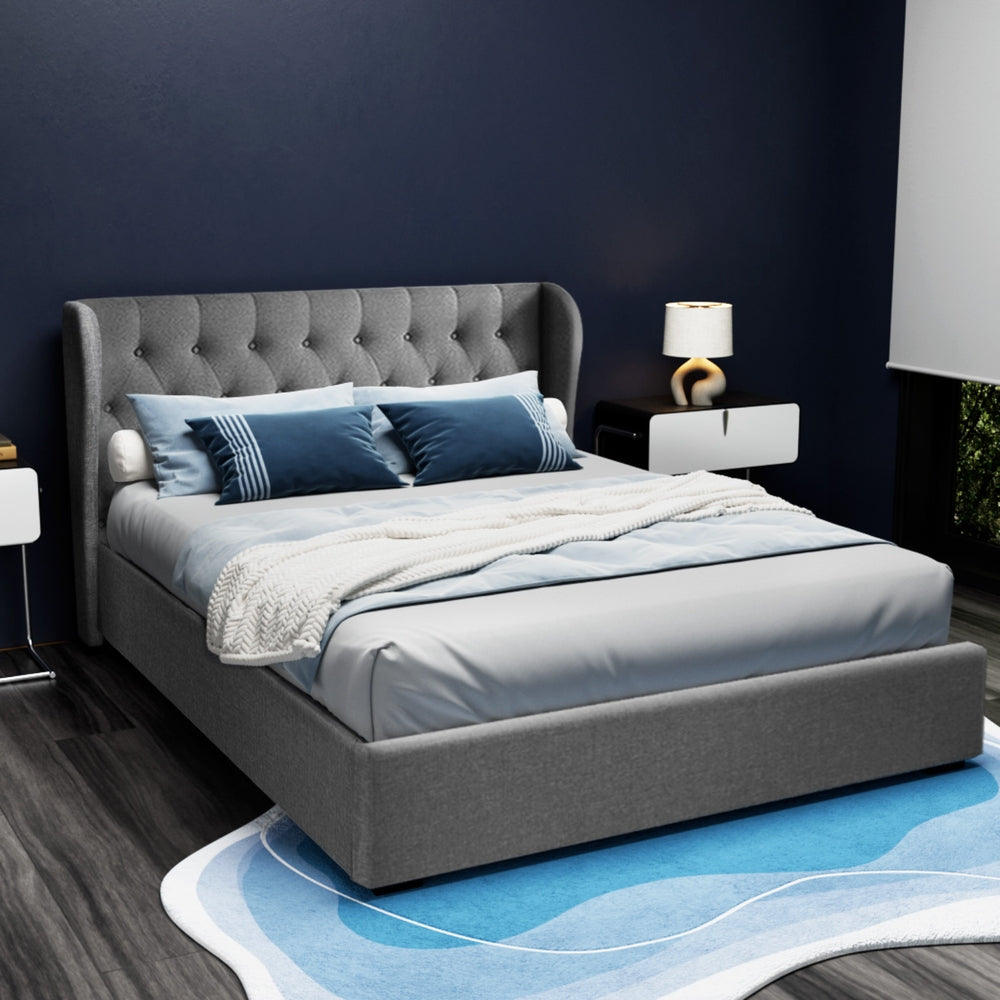 Artiss Issa Gas Lift Bed Frame Queen Grey Faux Linen