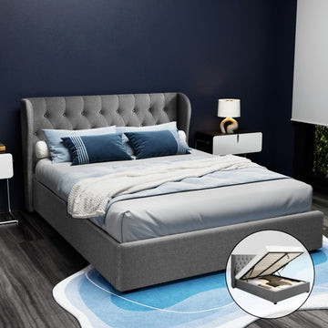 Artiss Issa Gas Lift Bed Frame Queen Grey Faux Linen