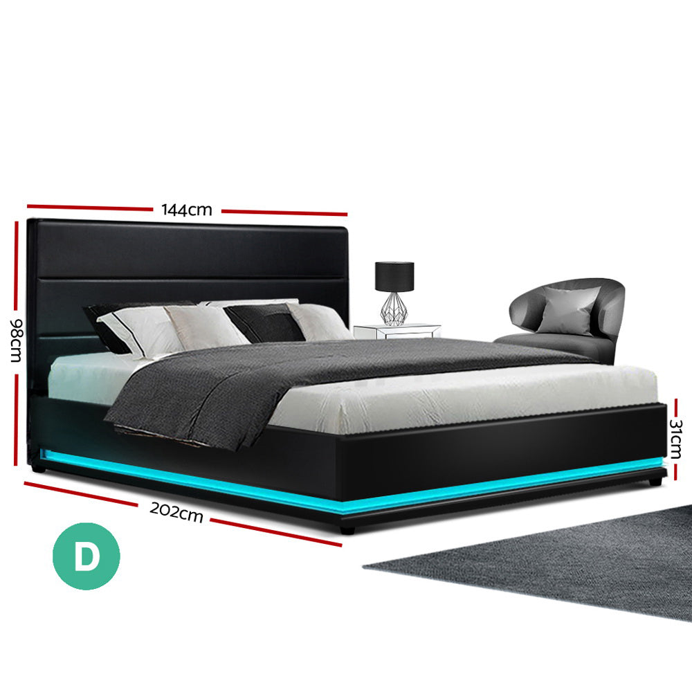 Artiss Lumi LED Gas Lift Bed Frame Double Black PVC Leather