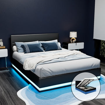 Artiss Lumi LED Gas Lift Bed Frame Double Black PVC Leather