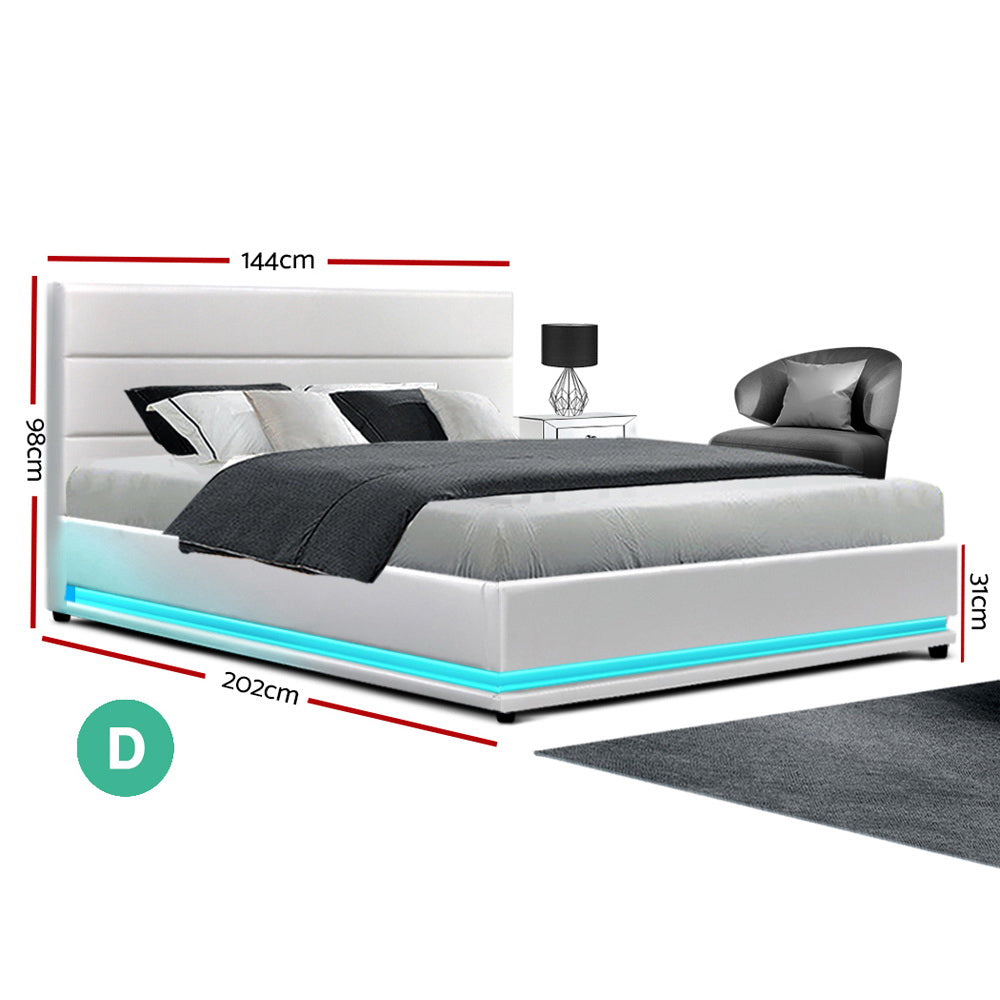 Artiss Lumi LED Gas Lift Bed Frame Double White PVC Leather