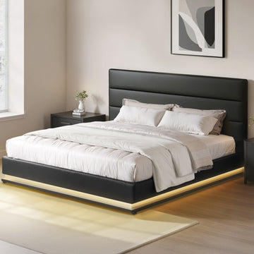 Artiss Lumi LED Gas Lift King Bed Frame Black PVC Leather