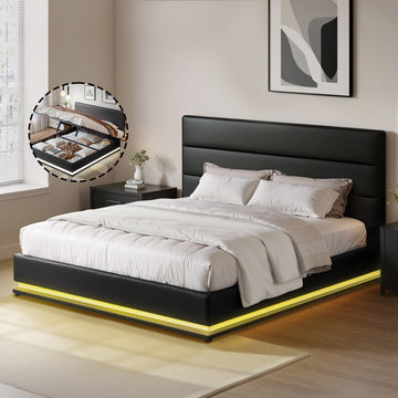 Artiss Lumi LED Gas Lift Bed Frame Queen Black PVC Leather